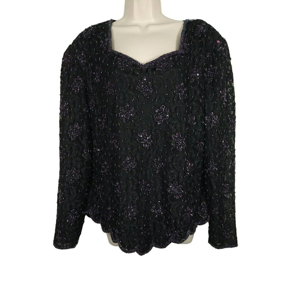 Vintage Stephanie Thomas Top Formal Women Size 1X  Black Purple Beaded Long Slv